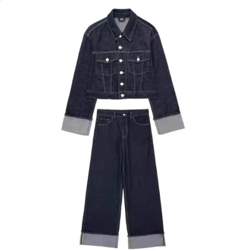 2025 Women Vintage Denim Jacket Pant Sets Casual Jeans Suit Lapel Long Sleeve Coat Wide Leg Trousers Jeans High Street Outfits 250808