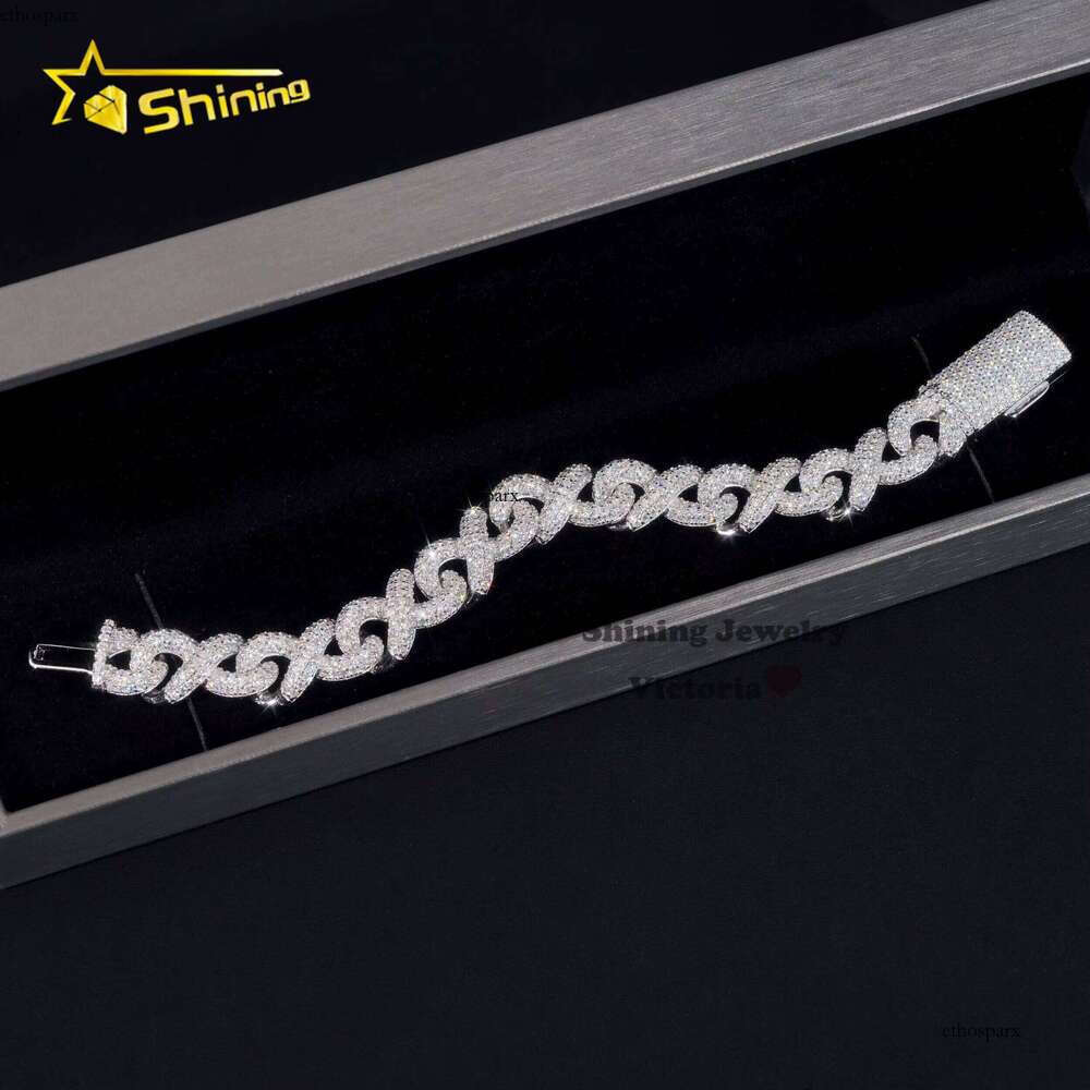Fashion Best Selling Prong Setting White 12MM Cuban Iced Out Jewelry Moissanite Dia Hip Hop Infinity Link Bracelet