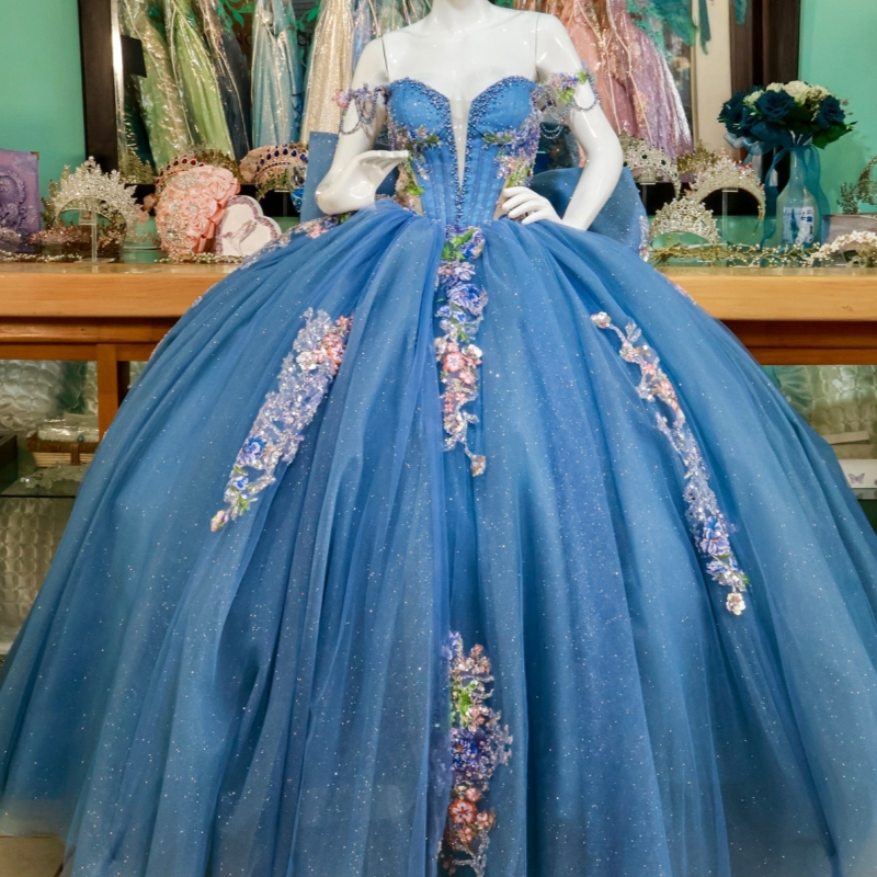 Blue Shiny Quinceanera Dresses Off The Shoulder Sequin Applique Lace Beading Bow Tull Party Birthday Ball Gown Vestidos De 15 Anos Sweet 16 Dress
