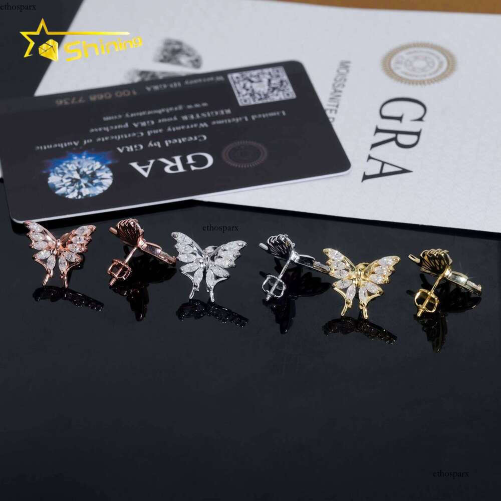New Arrival D Color Dia Solid Sterling Sier Cute Bling Butterfly Moissanite Earrings Stud for Women