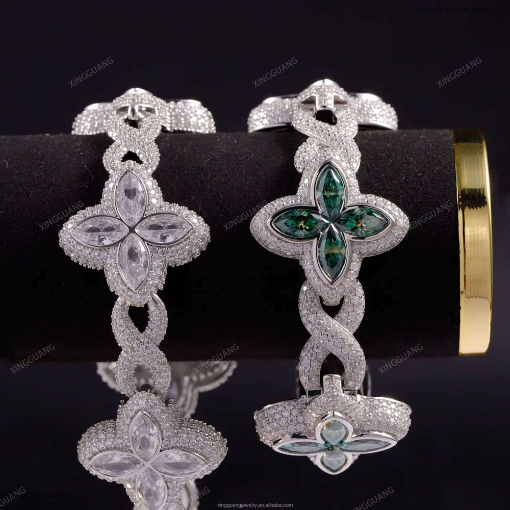 Fine Jewelry New Arrival Design VVS White Green Moissanite Dia Sier Gold Plated Cuban Link Four Clover Bracelet