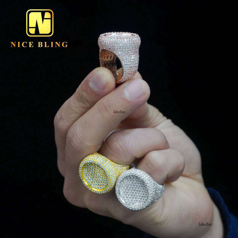 Stock Pass Tester Hip Hop Jewelry Sier Fully Iced Bubble Edge Round Dia Moissanite Men Ring