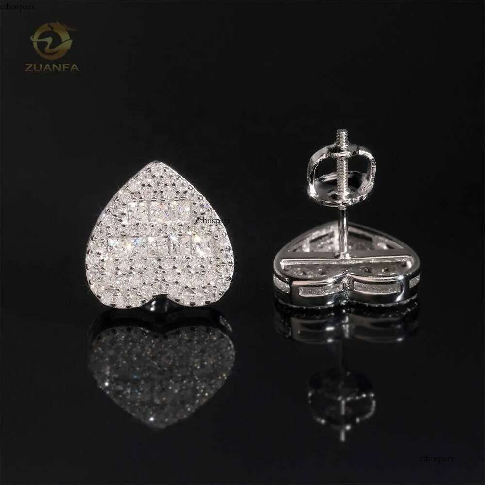 Hot Selling Popular Iced Out Hip Hop Sterling Sier Moissanite Dia Love Heart Stud Earrings