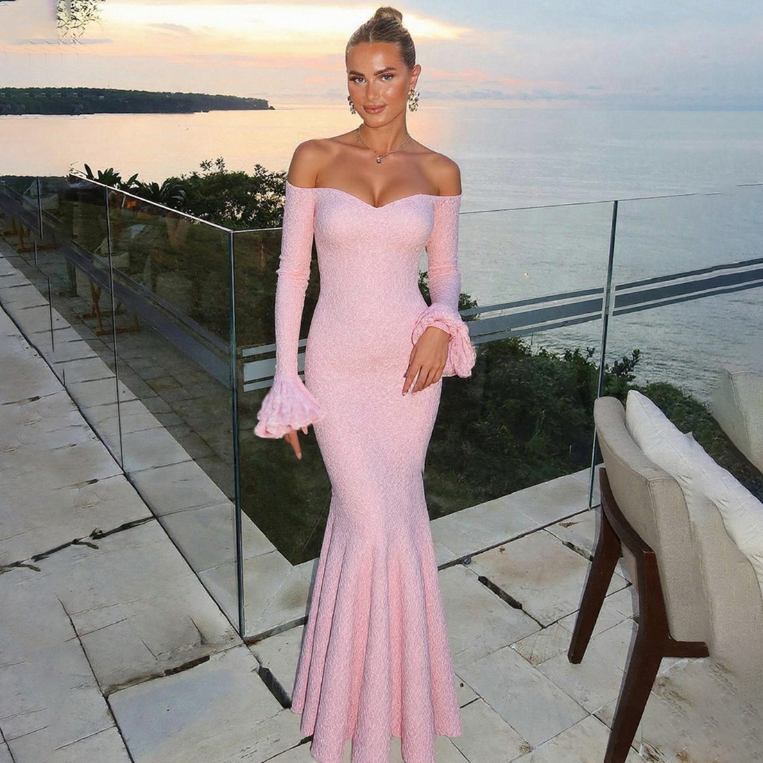 2025 Summer New Womens Fashion Sexy Off-Shoulder Long Dress High Waist Slim Fit Bodycon Dress