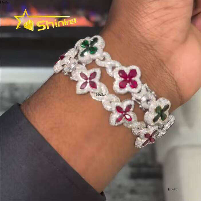 Hip Hop Clover Colorful Marquise Pure Sier VVS Silicon Stone Bracelet
