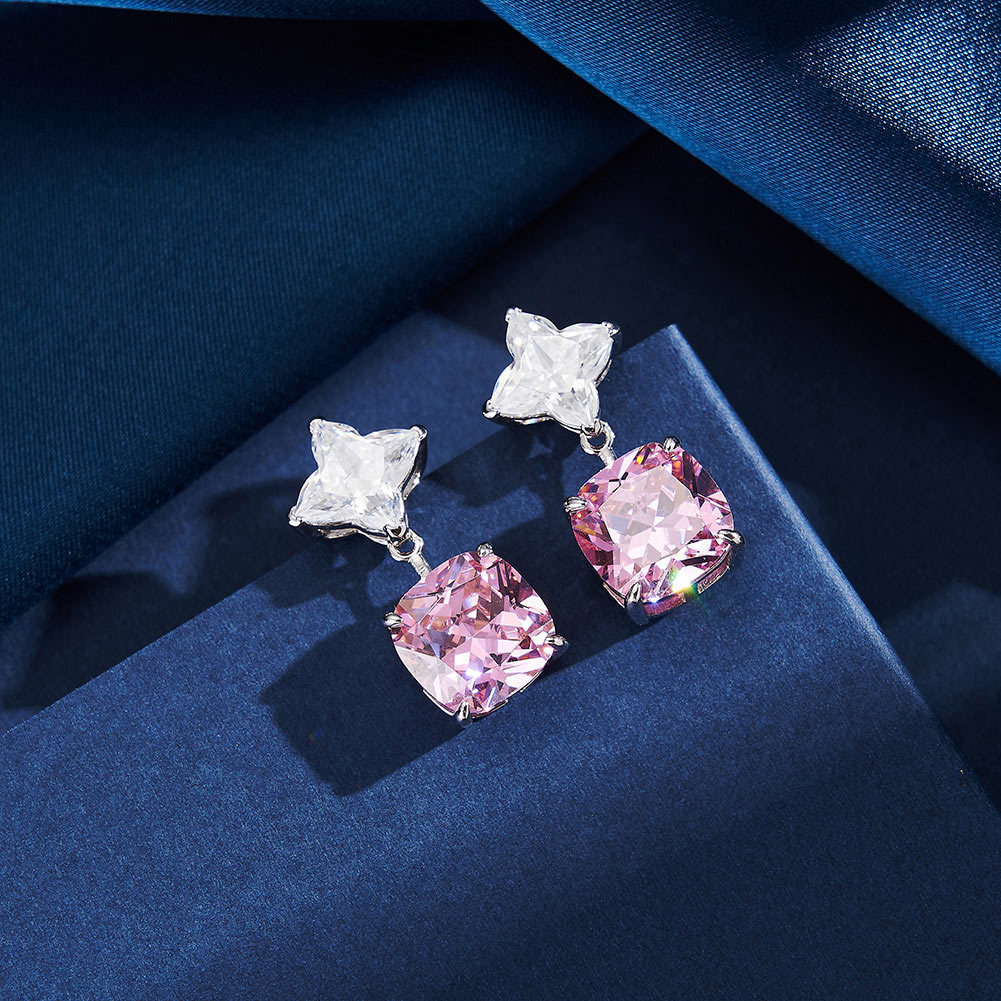 Free Shipping Designer Luxury Jewelry New S925 Sterling Silver Earrings 5A Ice Flower Cut Pink Zircon Earrings Women's Accessories