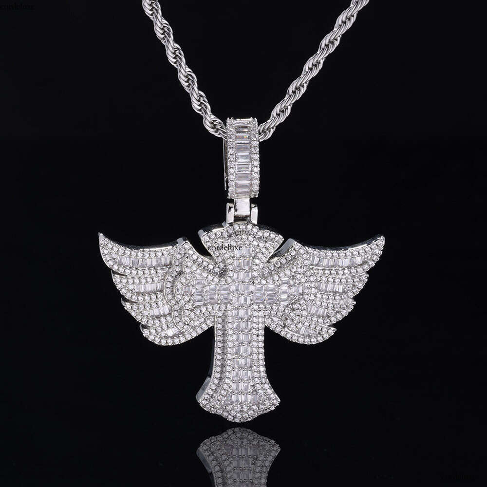 Hip Hop Angel Wings Moissanite chain Cross Pendant Necklace Fashionable Personality Trendy Men's Jewelry