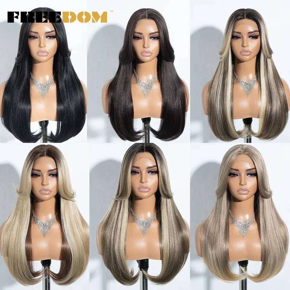 FREEDOM Straight Synthetic Front Wigs For Women 24 Inches Long Lace With Bangs Ombre Brown Blonde Highlight Cosplay Wig