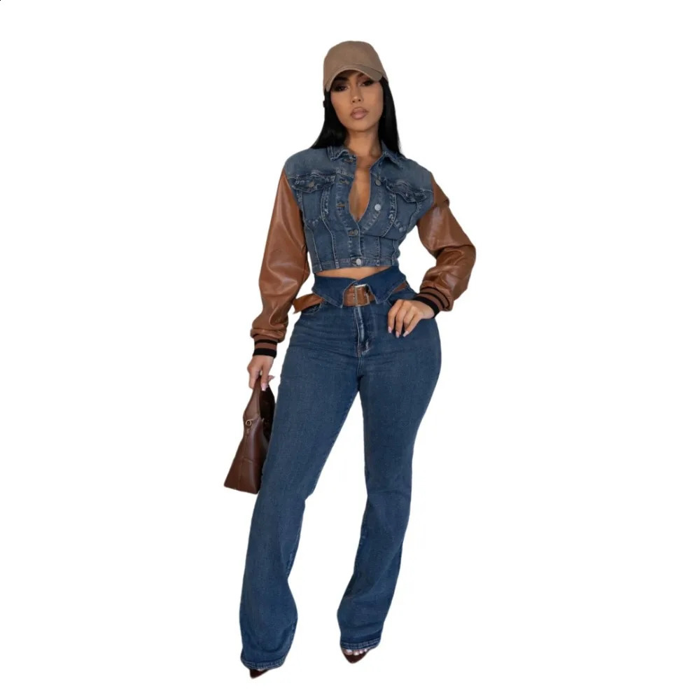 Women Denim 2 Piece Sets PU Denim Jacket Top Wide Leg Pant Stretch Jeans Suits Autumn Trousers Ensemble Streetwear Outfits 2025 250808