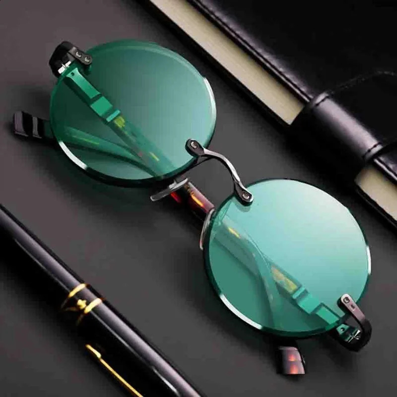 Fashion Classic Rimless Sunglasse Men Crystal Dark Green Lens Sun Glasses Retro Round Glasses Outdoor Driving Eyeglasses 250805