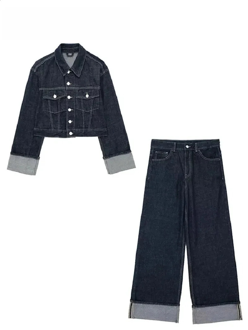 2025 Women Vintage Denim Jacket Pant Sets Casual Jeans Suit Lapel Long Sleeve Coat Wide Leg Trousers Jeans High Street Outfits 250808