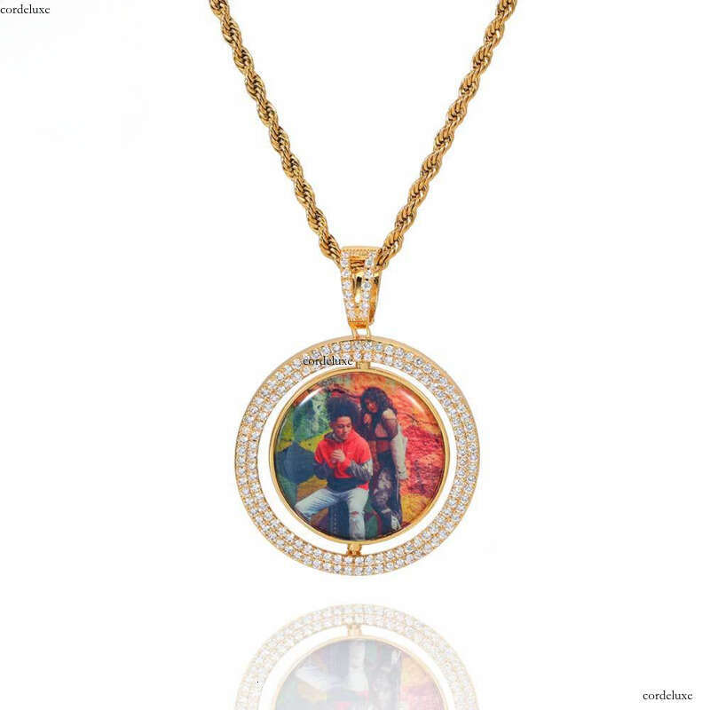 Memory Rotatable Double-Sided Round Hip-Hop Pendant Micro-Inlaid Moissanite chain Hollow Frame Photo Necklace
