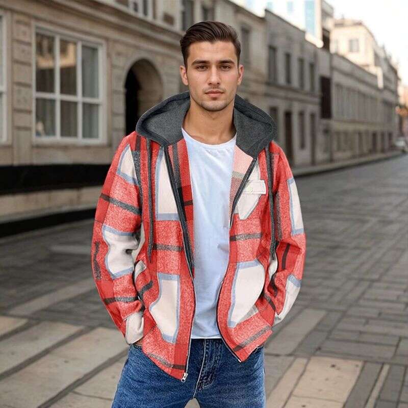 Men's Flannel Woolen Jacket Zipper Hoodie Winter Warm Hooded Coat