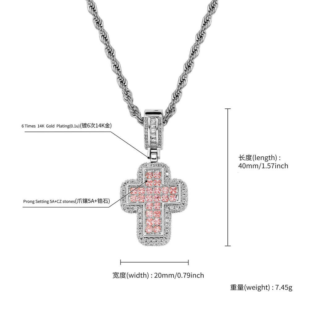 Hip Hop Fashion T Square Moissanite chain Pink Cross Necklace Personality Street Trend Jewelry