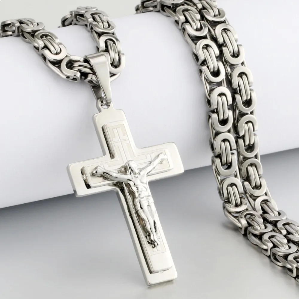 Diyalo Mens Stainless Steel Jesus Christ Holy Crucifix Cross Pendants Necklaces Orthodox Long Chain Necklaces Boys Jewelry 250805