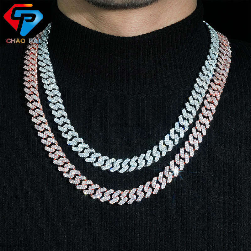 INS Sterling Silver Inlaid Moissanite chain Cuban Chain 13mm Two Row Stone Trendy Brand Jewelry Accessories Wuzhou Direct