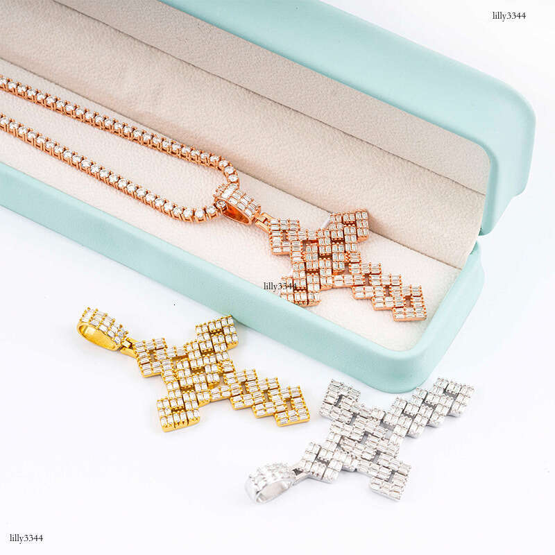 Full Sterling Silver Inlaid Moissanite chain Cross Personality Hip-Hop Jewelry Unisex Accessories Necklace Pendant