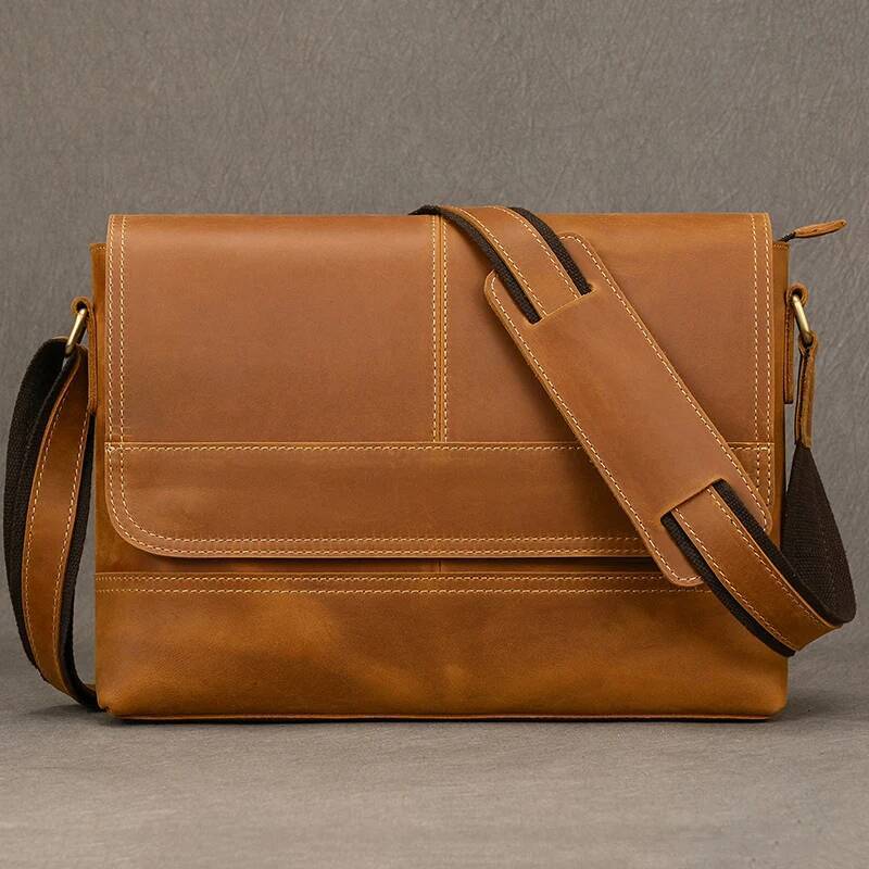 Men's Vintage crazy horse messenger A4 Genuine shoulder iPad Thick Cow leather school bag magnetic flap