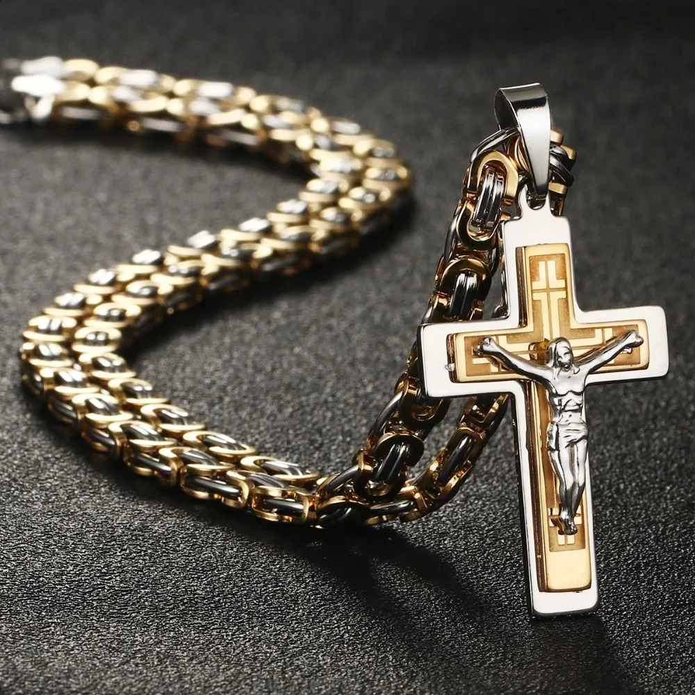Diyalo Mens Stainless Steel Jesus Christ Holy Crucifix Cross Pendants Necklaces Orthodox Long Chain Necklaces Boys Jewelry 250805