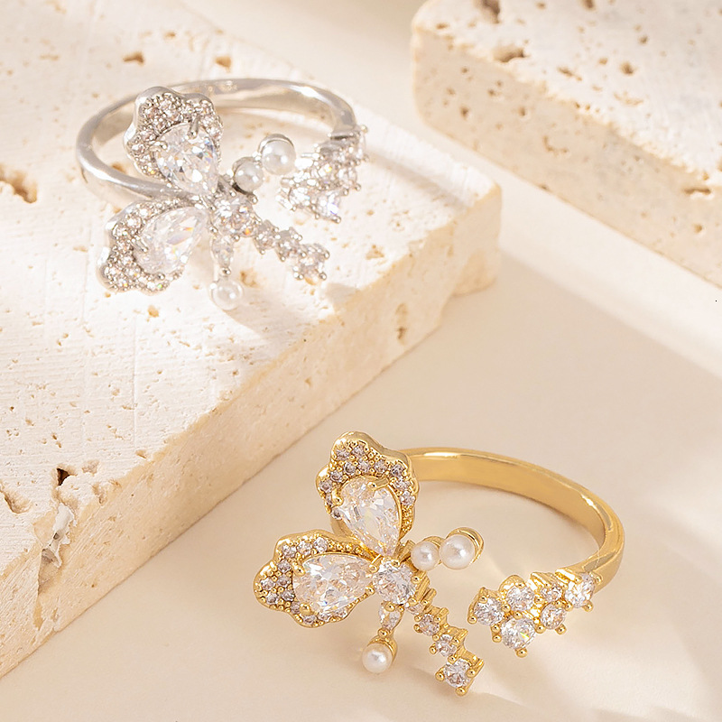 Fashion Simple Diamond-Studded Pearl Butterfly for Women, Non-Fading, Niche Adjustable Open Finger Ring