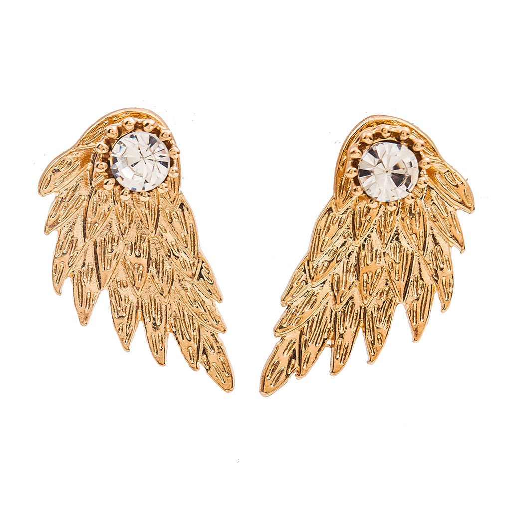 3D Angel Wings Earrings Feather Inlaid Alloy Piercing Studs