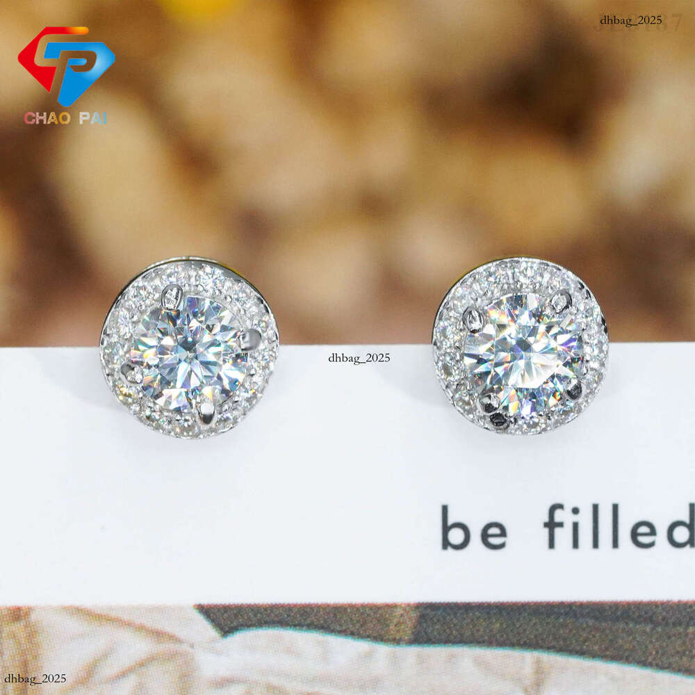 Hip-Hop Sier Plated Main Stone 5.0mm Moissanite Full Unisex Round Dense Setting Earrings