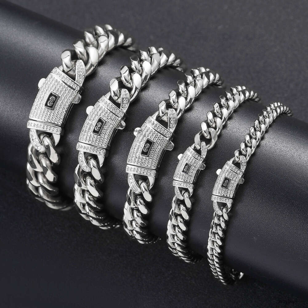 Stainless Necklace 6mm-14mm Round Polished Encrypted 14K Gold Cuban Inlaid with Moissanite chain Spring Clasp Titanium Steel Chain