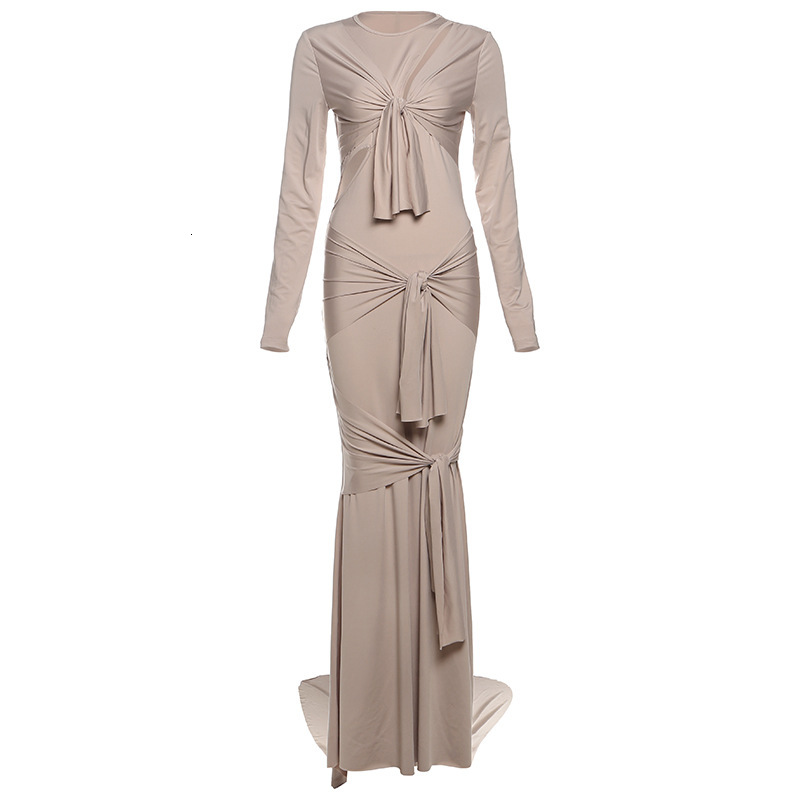 2025 Summer New Sexy Slim Hollow Long Sleeve Solid Color Elegant Dress Long Dress