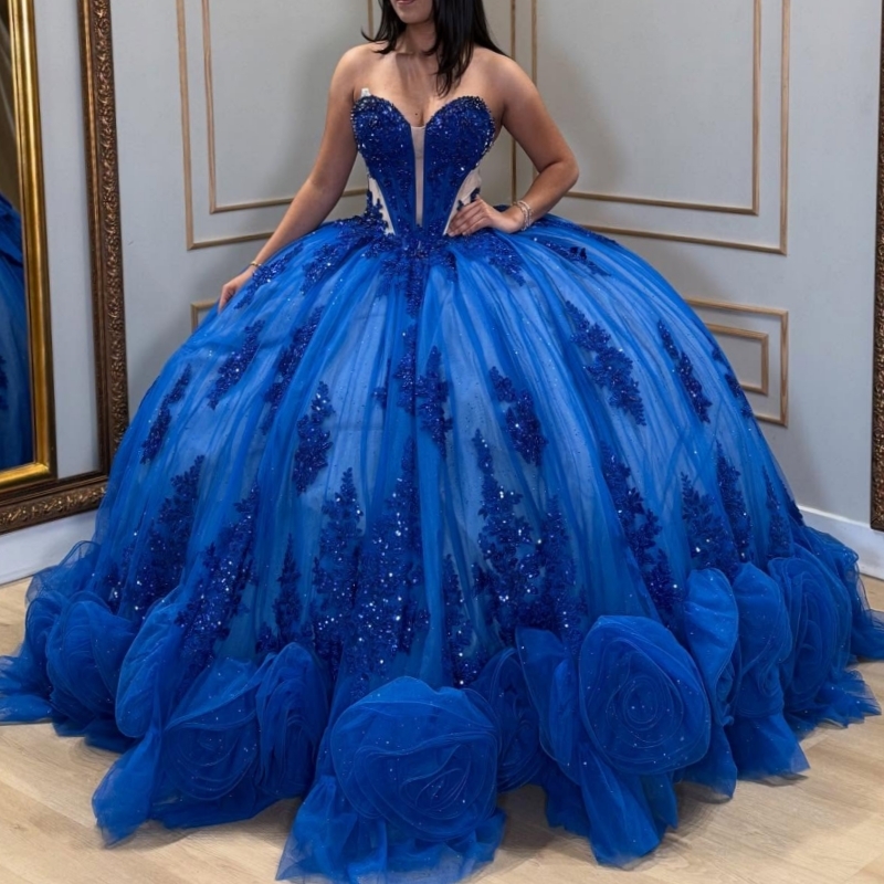 Royal Blue Shiny Quinceanera Dresses Off The Shoulder Applique Flower Beads Tull Ball Gown Vestidos De 15 Anos Sweet 16 Dress