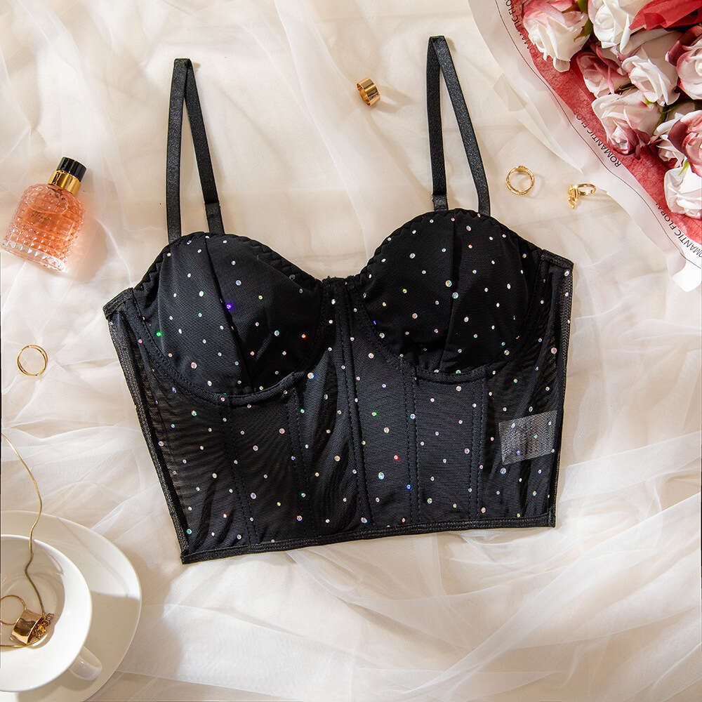 Fashion Sexy Nightclub Style Sequin Fishbone Underwire Push-Up See-Through Crop Slim Fit Tank Top