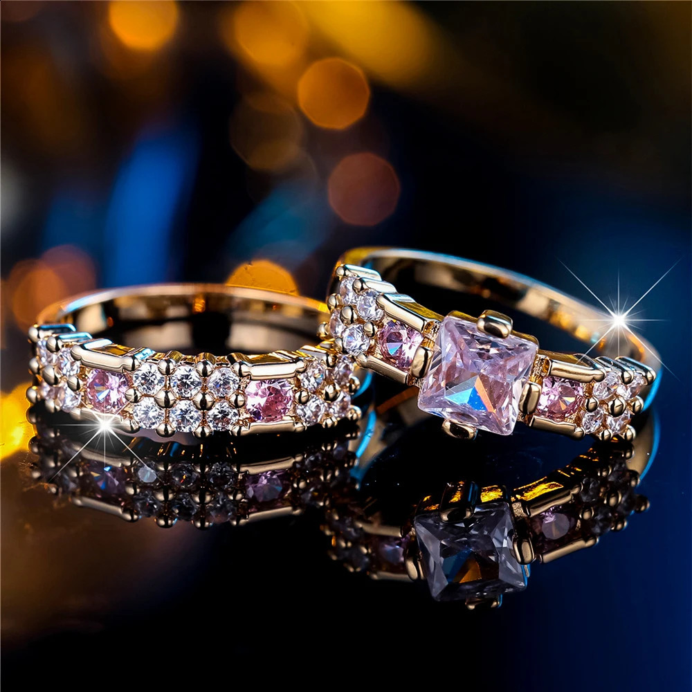 Crystal Female White Pink Zircon Stone Ring Set Gold Color Bridal Wedding Promise Love Engagement Jewelry For Women 250807