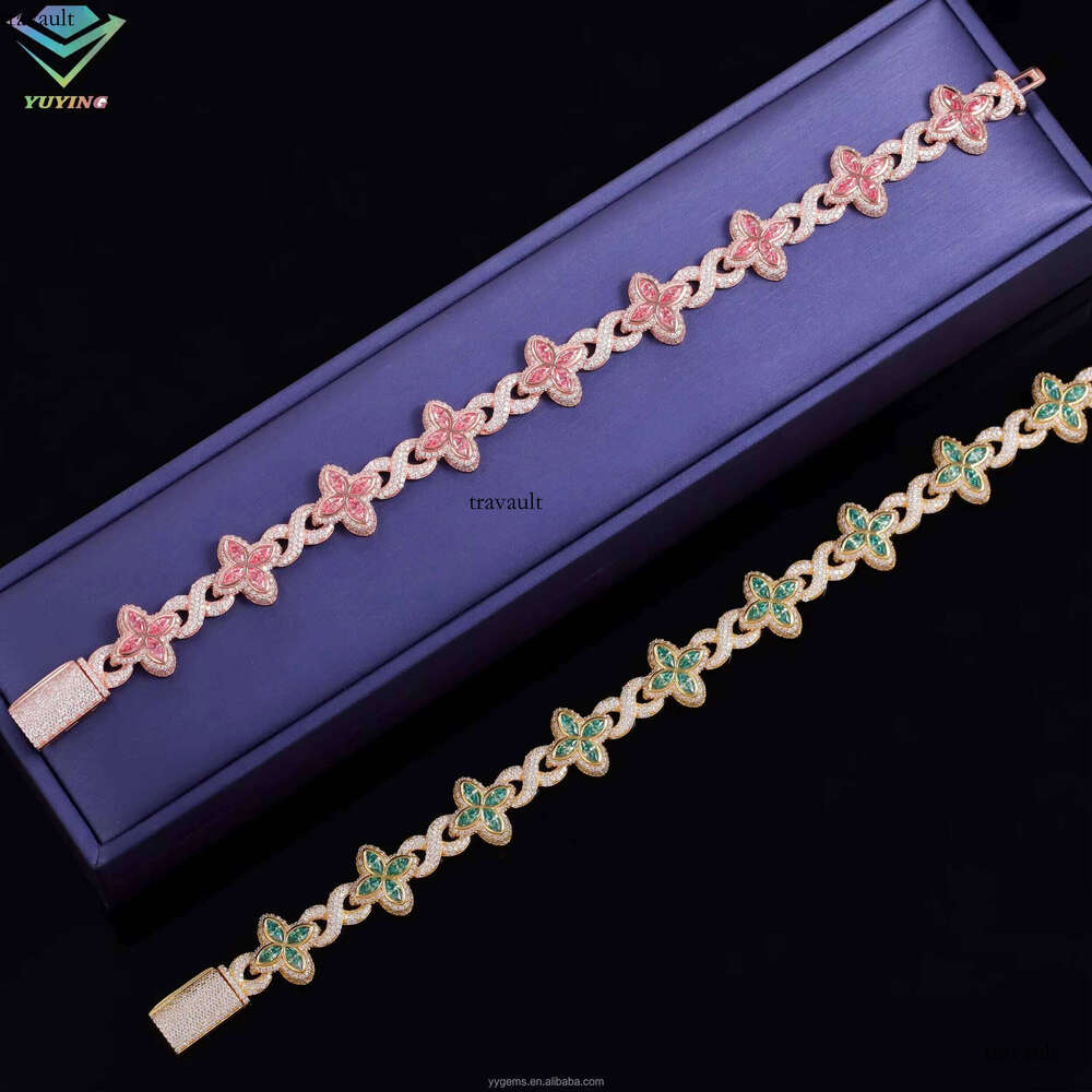 Jewelry S Sterling Sier Gold Clover Pink Green Blue Dia Cuban Hip Hop Moissanite Bracelet with GRA Certificate