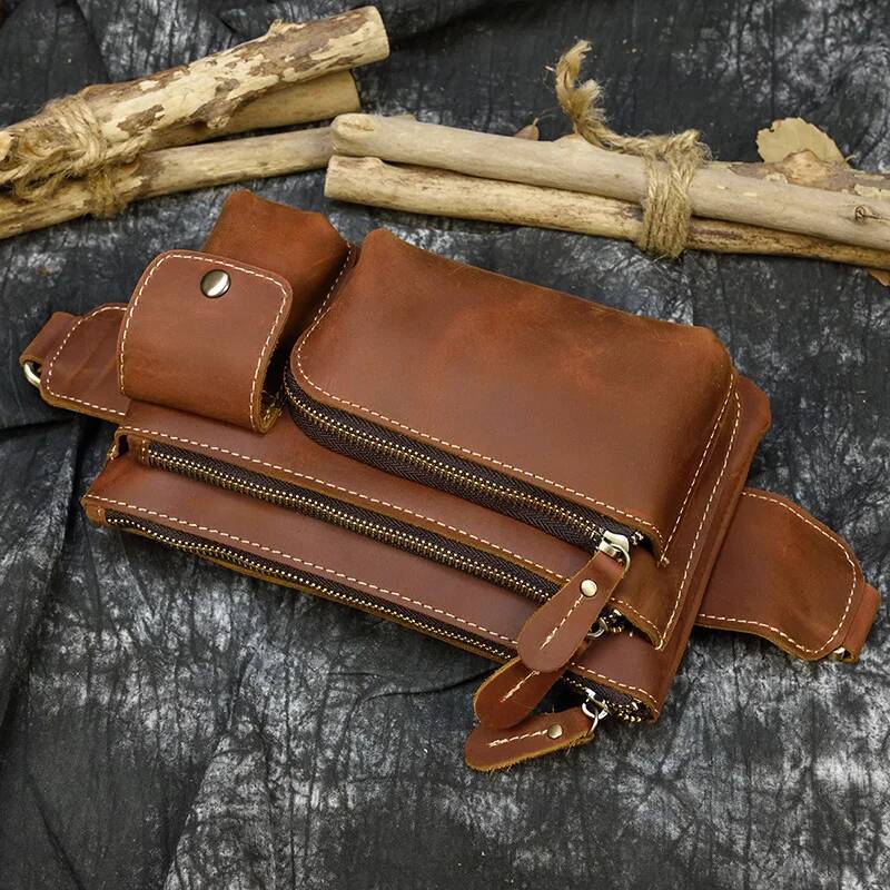 MAHEU Casual Men's Leather Outdoor Belt pouch Anti Theft Men Male Waist pack Bum Bag Fanny Pack 3 Zipper