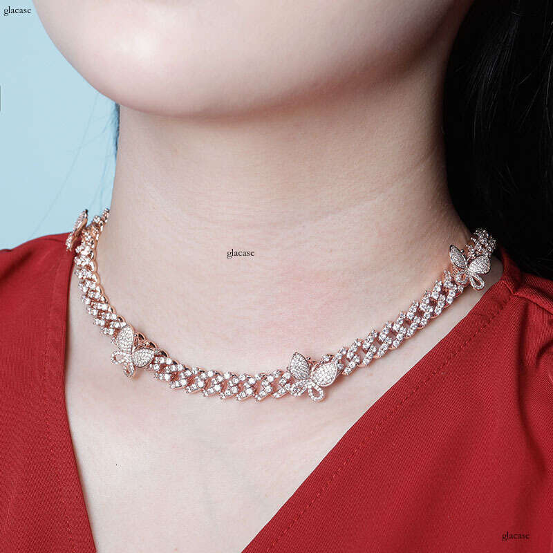 Hip Hop Rap Trend Micro Paved Moissanite chain Colorful Pink Butterfly New 8mm Cuban Necklace Couple