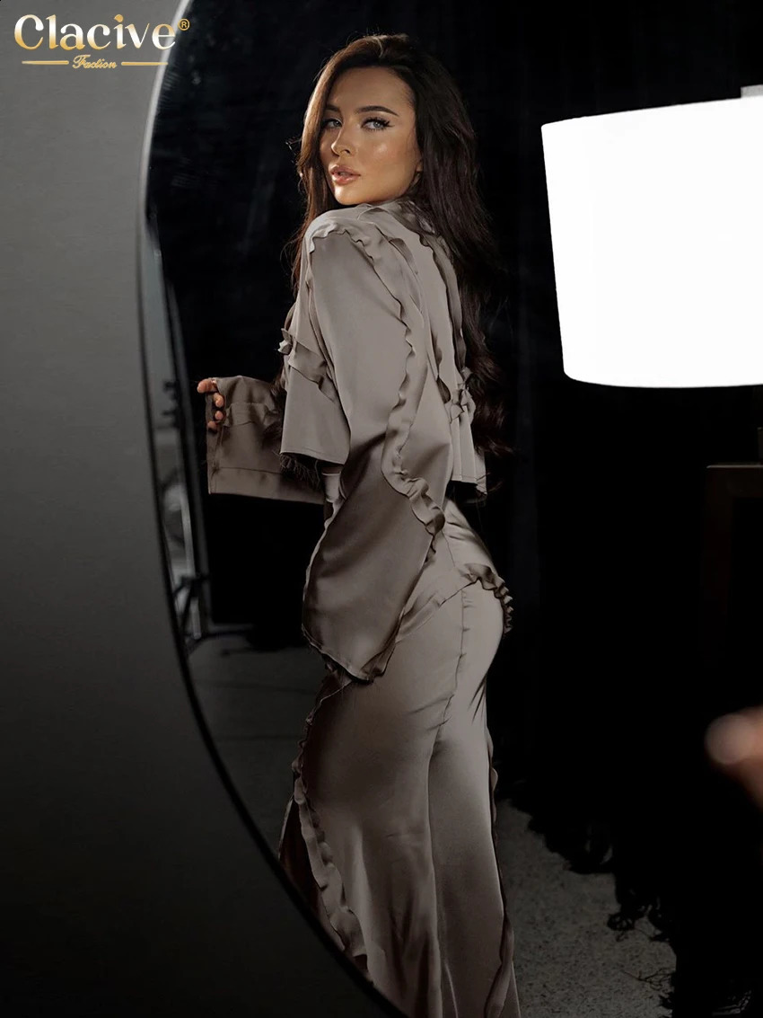 Clacive Fashion Loose Brown Satin Womens Two Pieces Set 2025 Elegant Long Sleeve Crop Top With High Waist Long Skirt Set Female 250808