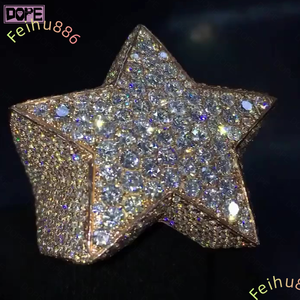 Hiphop Moissanite Ring Men Women Two Stone Star Shape 925 Silver VVS Iced Out Moissanite Ring