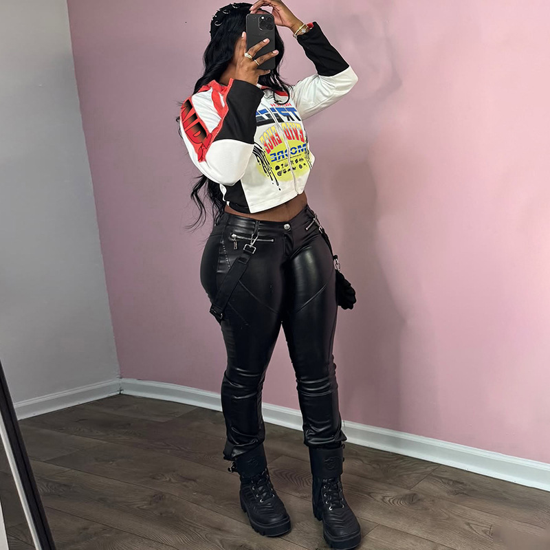 2025 Autumn New Style Slim Fit Half High Collar Printed Color Block Motorcycle Short Zipper Jacket for Women