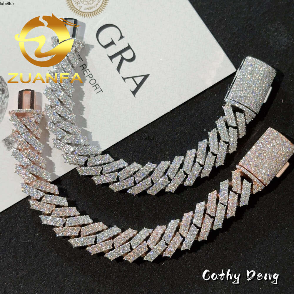 Instock Two Tone 15Mm 2 Row Vvs Moissanite Cuban K Sier Iced Out Hip Hop Bracelet
