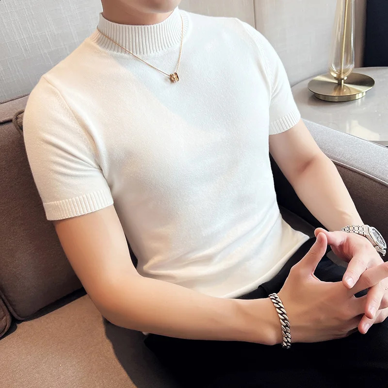 7 Colors Half High Collar Men Sweater Autumn Short Sleeve Solid Color T Shirt Slim Fit Knitted Pullover Homme 250809