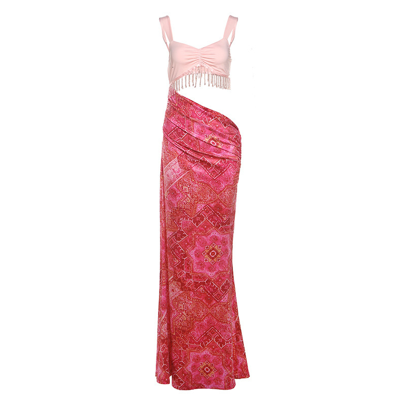 2025 Summer New Womens Fashion Sexy Waist-Exposing Bodycon Long Dress with Tassels and Straps