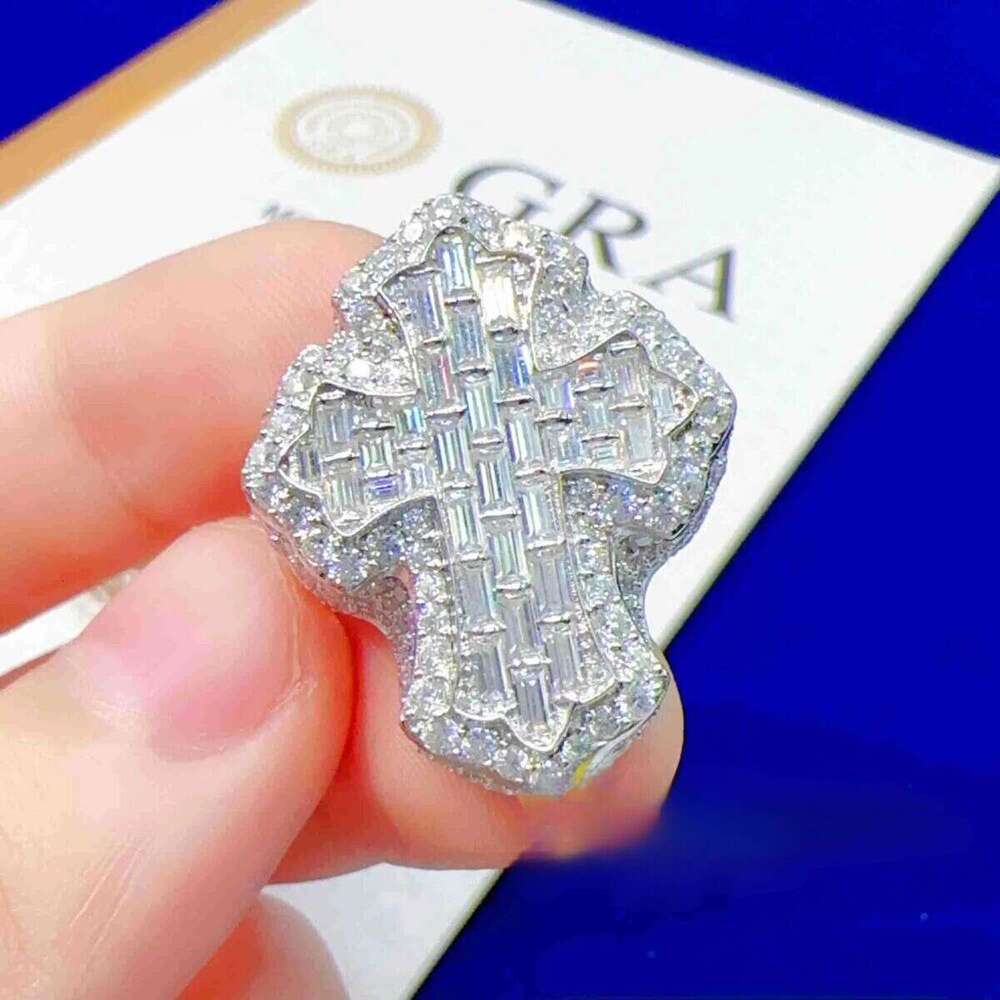 Iced Out Sterling Sier Hip Hop Moissanite Ring Men Custom Cross Finger Rings