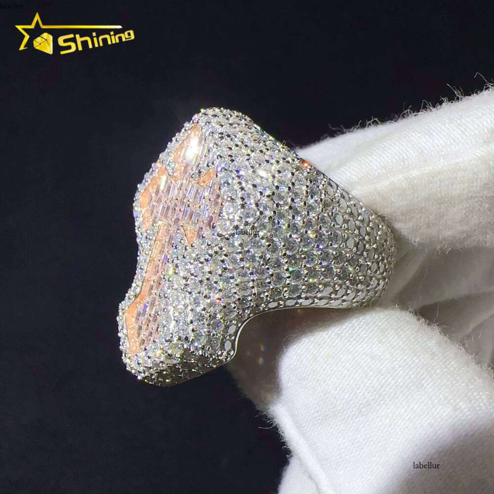Sterling Silver VVS Cubic Zirconia Iced Out Lab Hip Hop Jewelry Cross Ring
