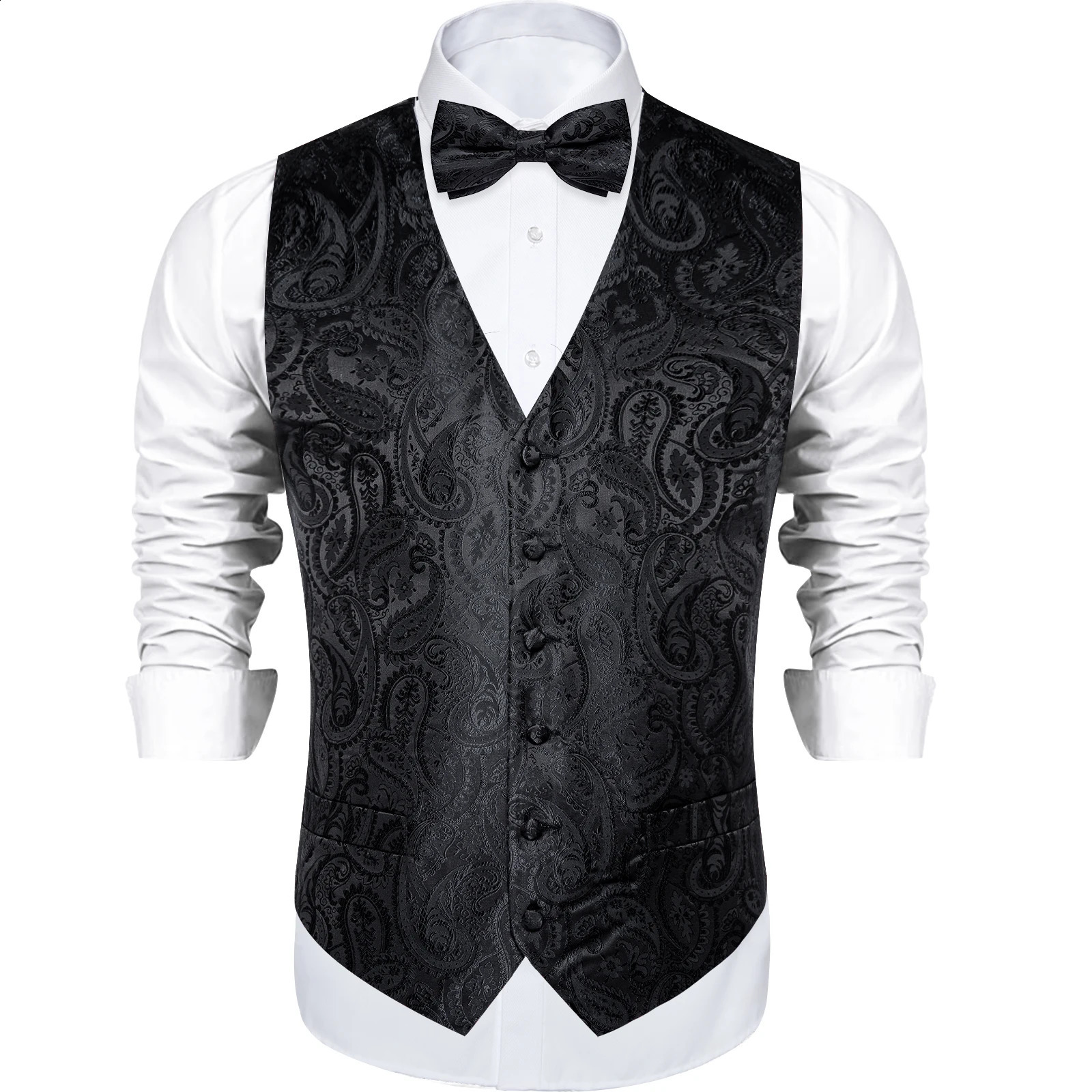 Mens Black Solid Paisley Suit Vest with Necktie Bow Tie Handkerchief Cufflinks Formal Waistcoat for Wedding Prom Tuxedo 250809