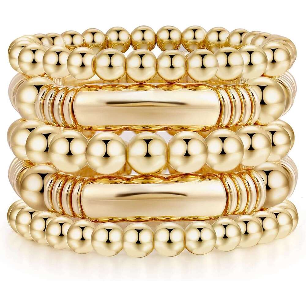 14K Gold Bangles Bracelet for Women Chunky Curved Stacking Plated Bead Ball Stretchable Bracelets