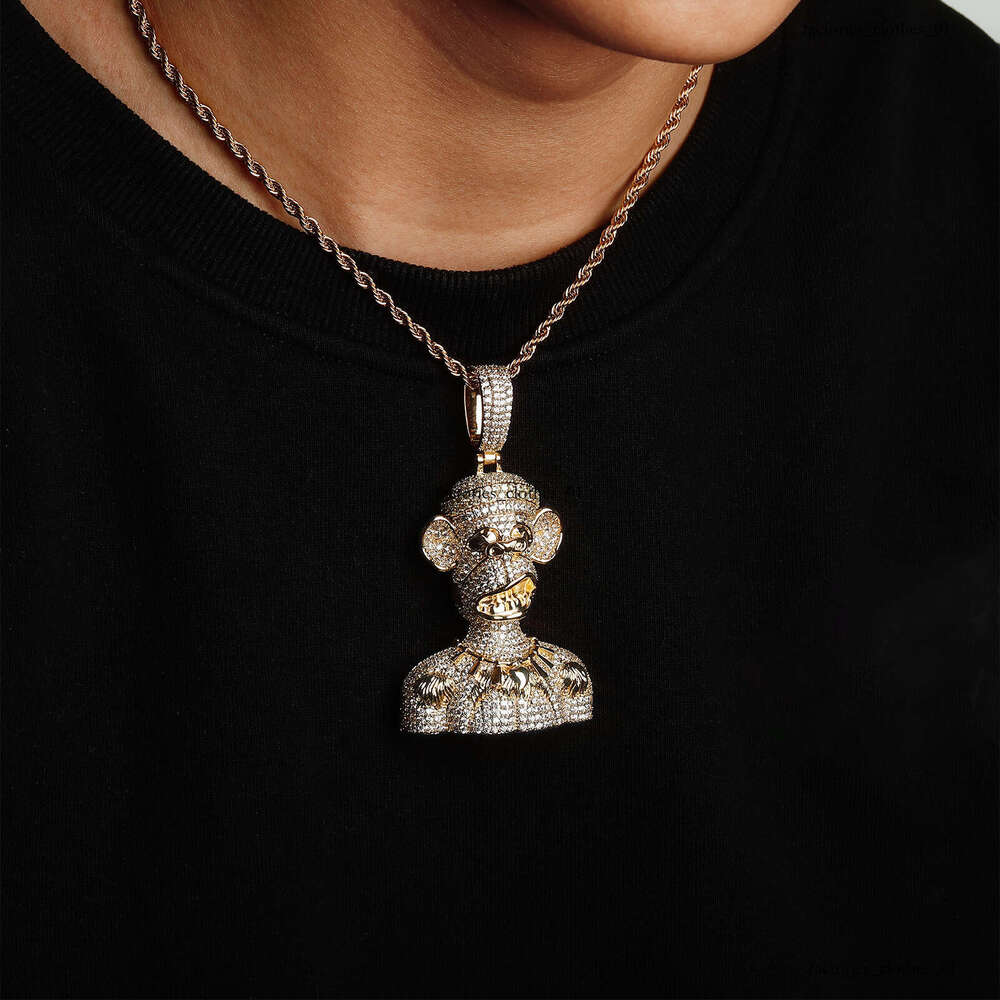 Trendy Hip-Hop New Big-Eared Smiling Monkey Cartoon Pendant Men's Full Moissanite chain Necklace Accessory Gold Australia