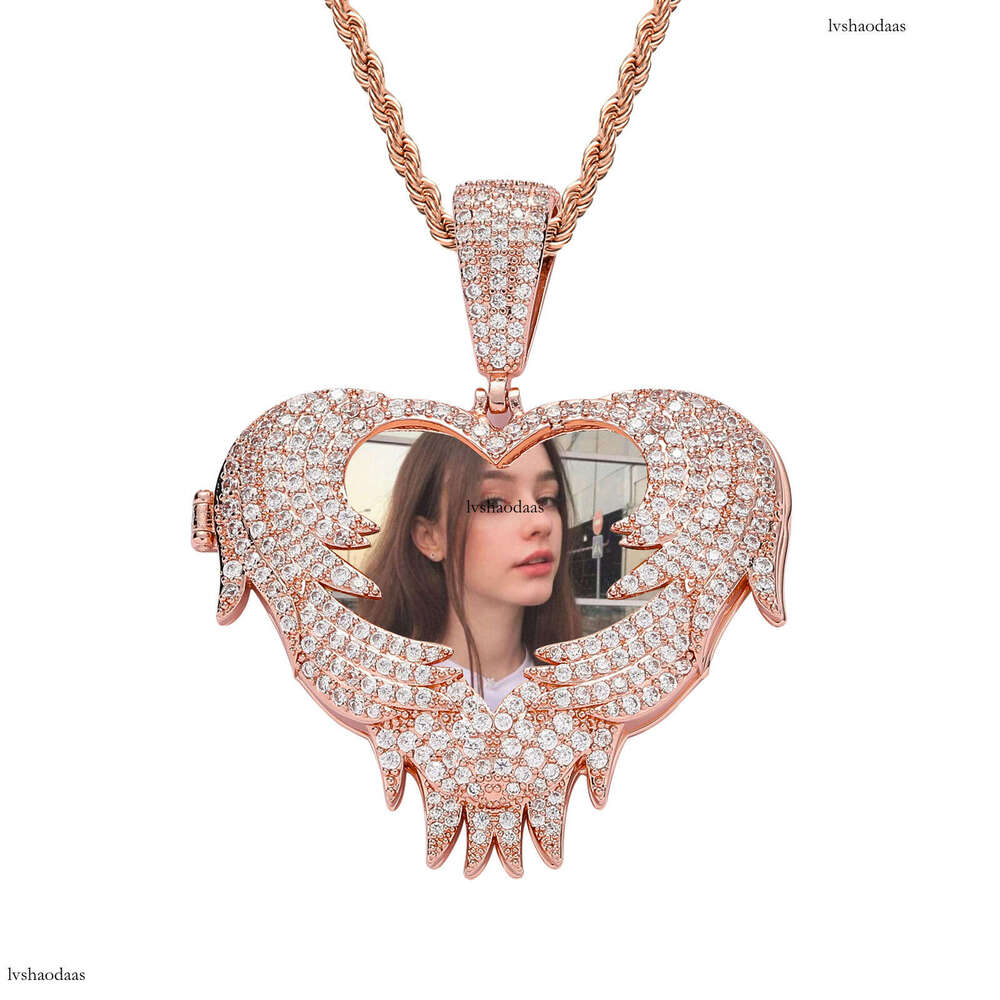 Heart Flip Photo Personalized Creative DIY Commemorative Frame Sterling Silver Inlaid Moissanite chain Hip-Hop Pendant