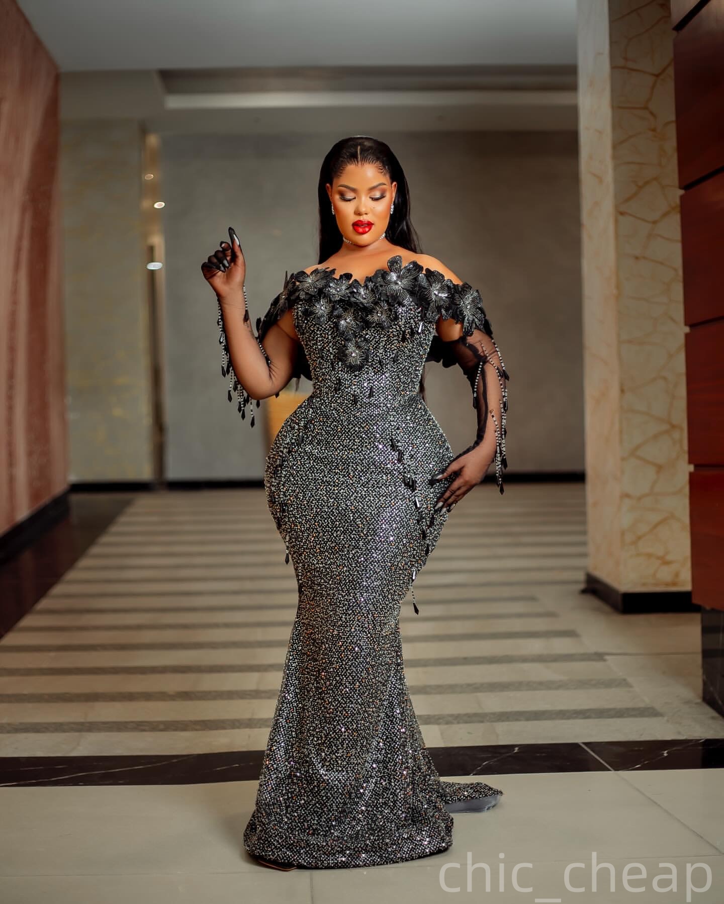 Mermaid Black Prom Dresses 2025 Flowers Crystals Sequined Off Shoulder Evening Formal Party Second Birthday Engagement Gowns Plus Size Dress For Speci