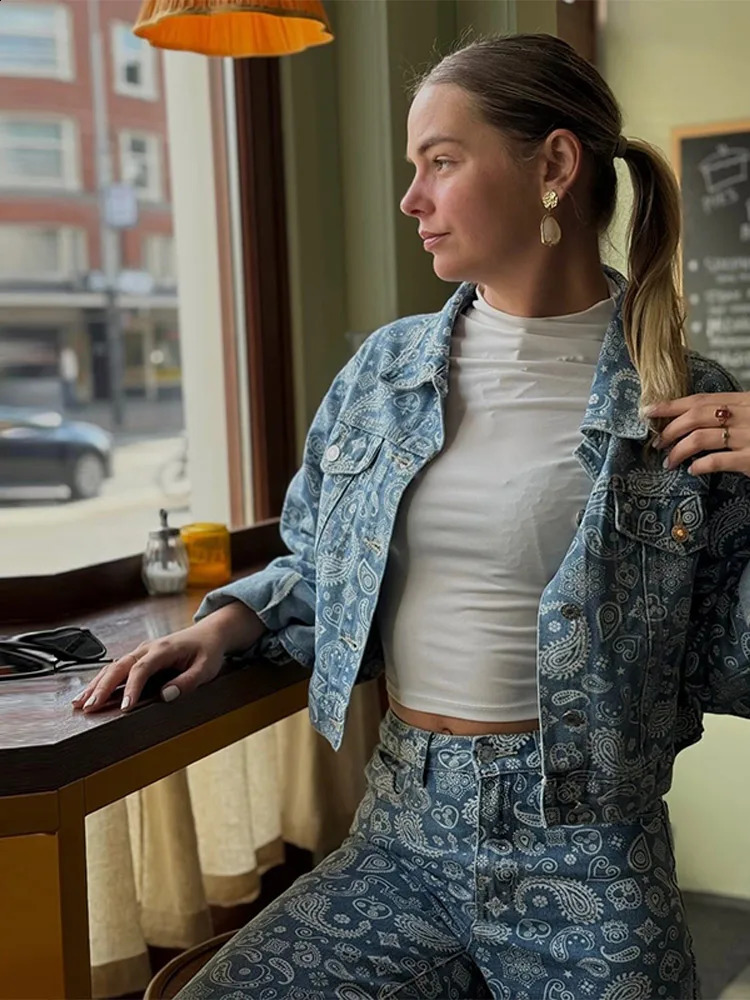 Lapel Print Denim Jackets Coats Jeans Women 2 Piece Sets Baggy Single Breasted Tops Straight Trousers Pant Suits Outfit 250808