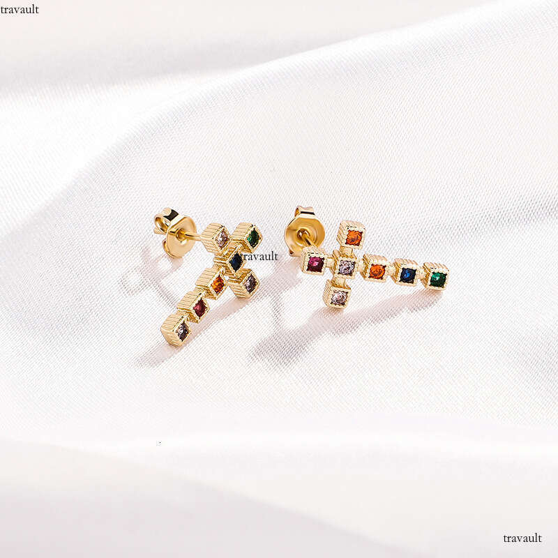 Unique Hip-Hop Angel Cross Iced Out VVS Needle Colorful Mixed Zircon Earrings