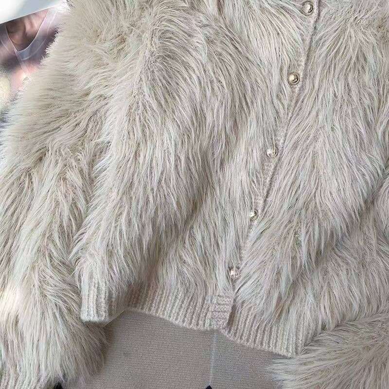 Women's Clothing Faux Mink Fur Cardigan For Women - Soft Cozy Hooded Knit Sweater With Geometric Pattern, Regular Fit, Long Sleeve, Khaki
